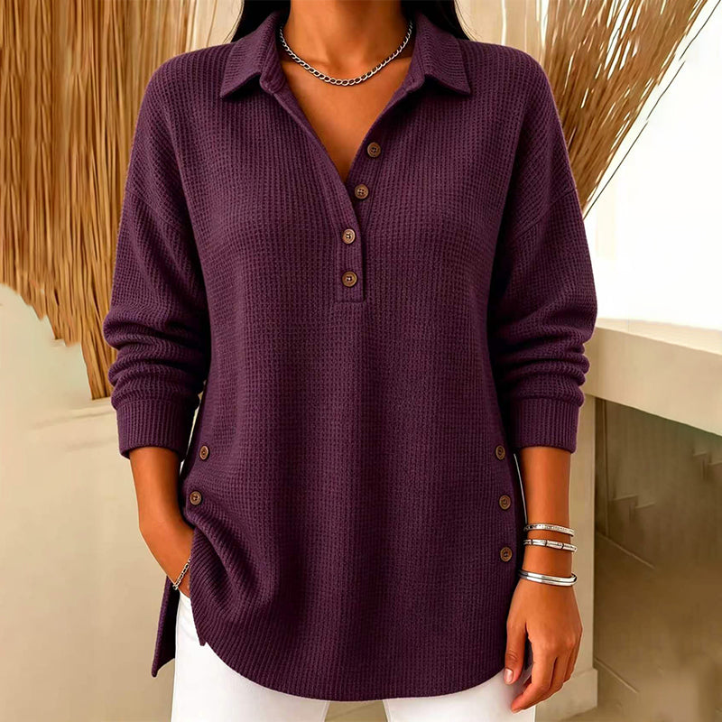 Fieneke - Haut femme en maille gaufrée à col polo et manches longues