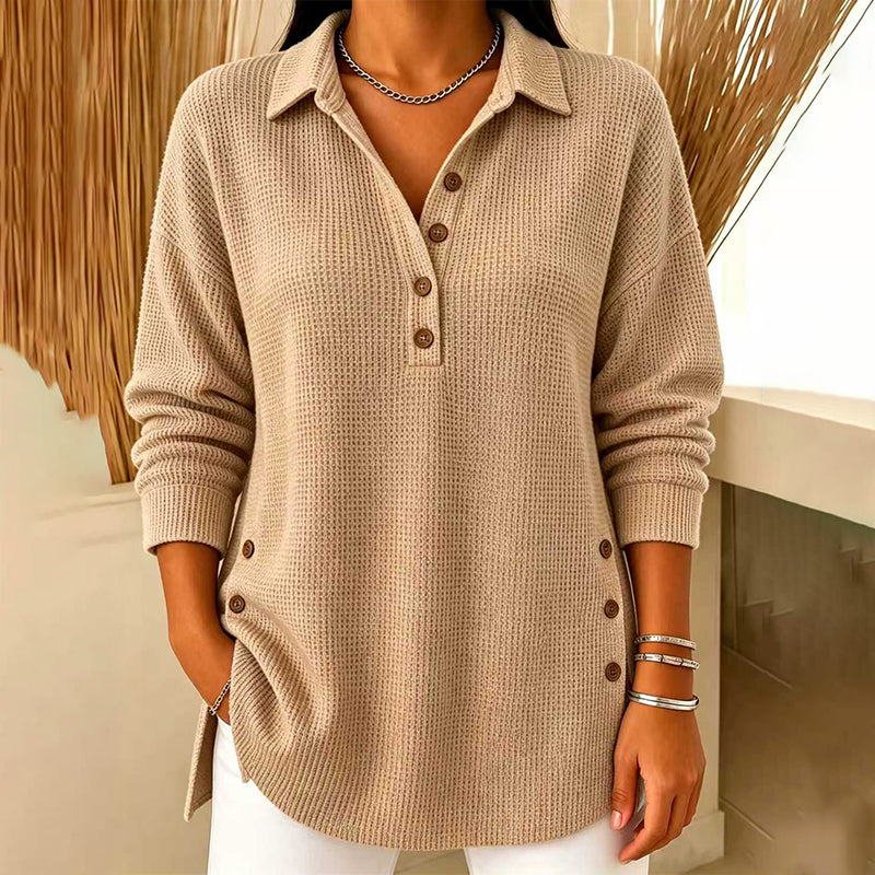 Fieneke - Haut femme en maille gaufrée à col polo et manches longues