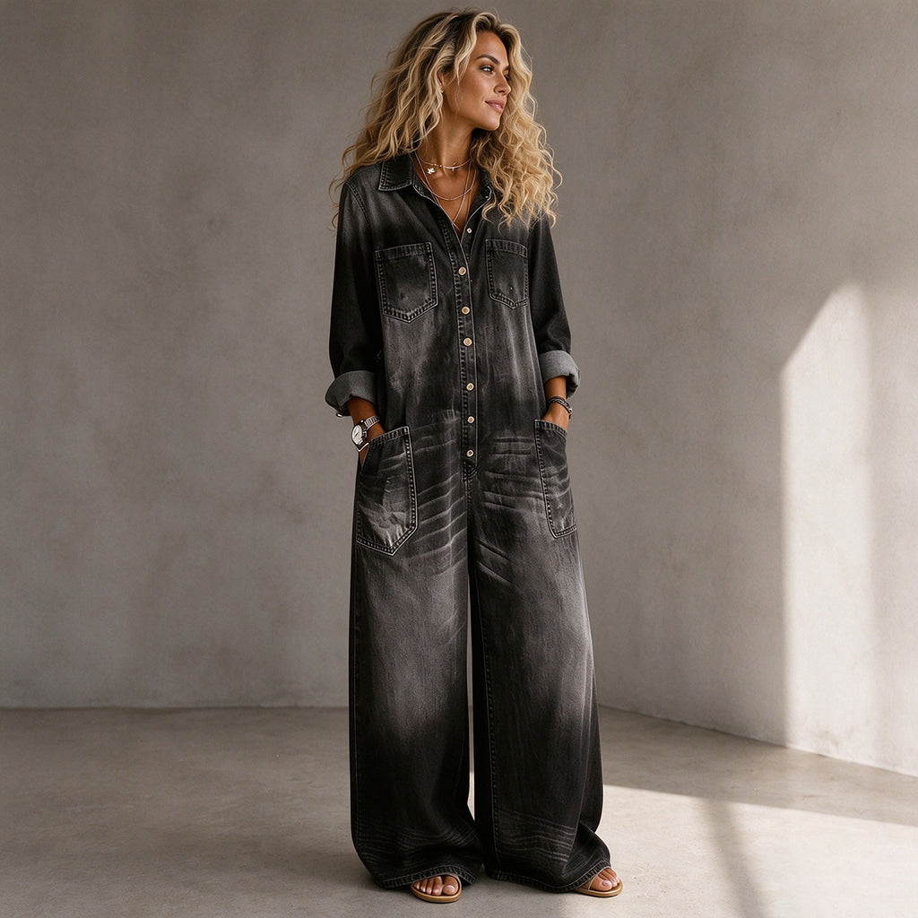 Elien - Combinaison pantalon femme en denim à jambes larges style vintage