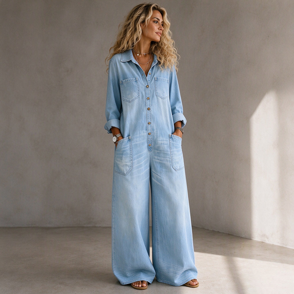 Elien - Combinaison pantalon femme en denim à jambes larges style vintage