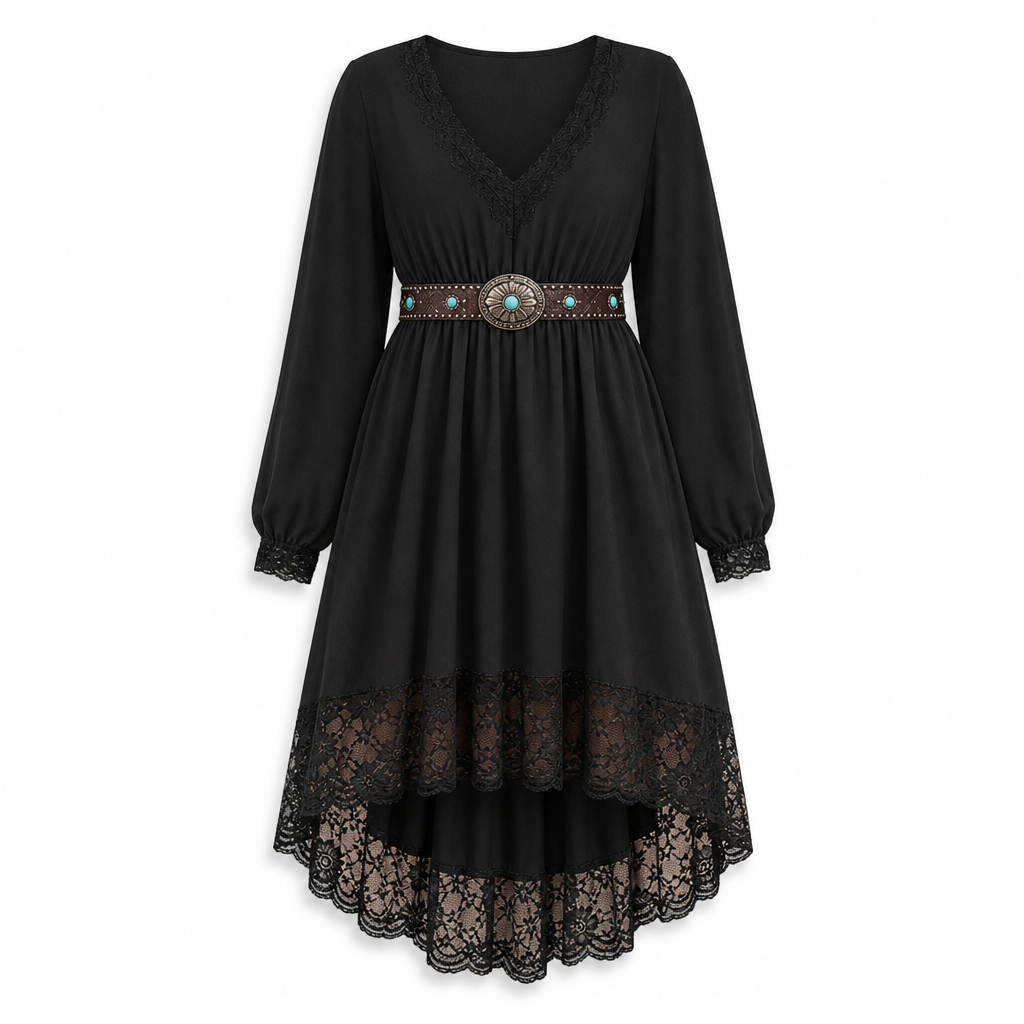 Hannelies - Robe asymétrique femme à dentelle et col en V