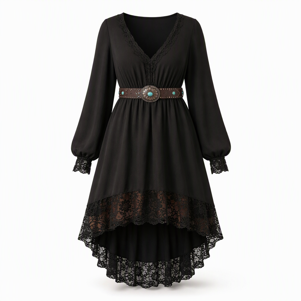Hannelies - Robe asymétrique femme à dentelle et col en V