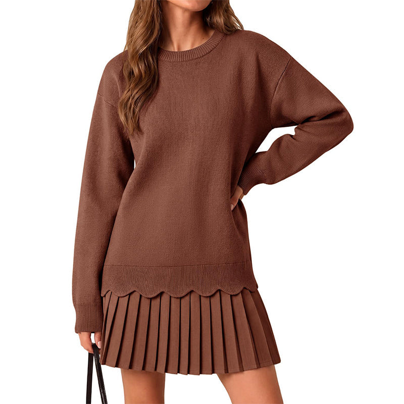Lutgarde - Ensemble femme en maille avec pull festonné et jupe plissée