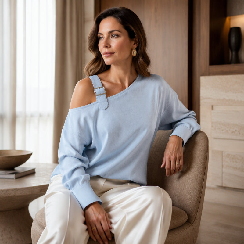 Jildau - Haut asymétrique femme à épaule dénudée et boucle décorative