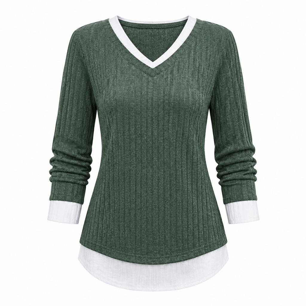 Trudie - Pull femme en maille côtelée à effet superposé et col V