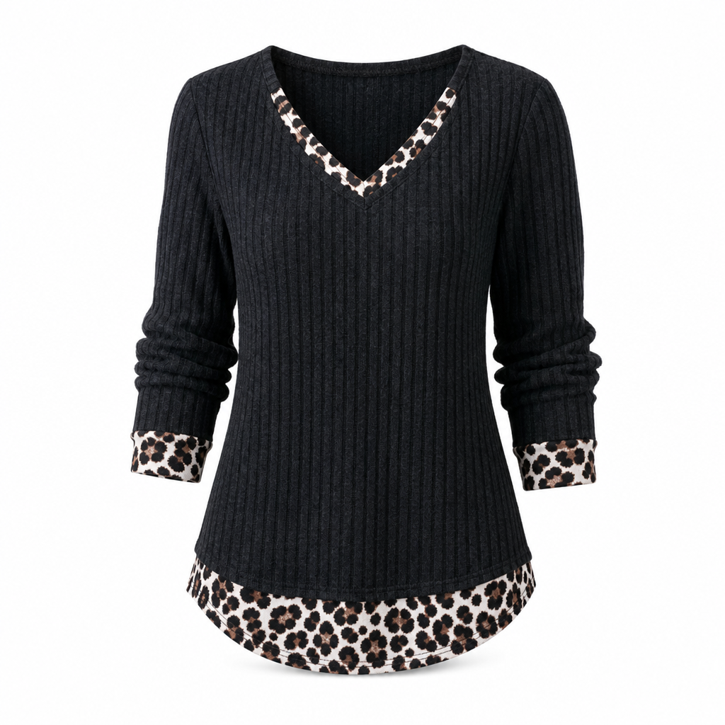 Trudie - Pull femme en maille côtelée à effet superposé et col V