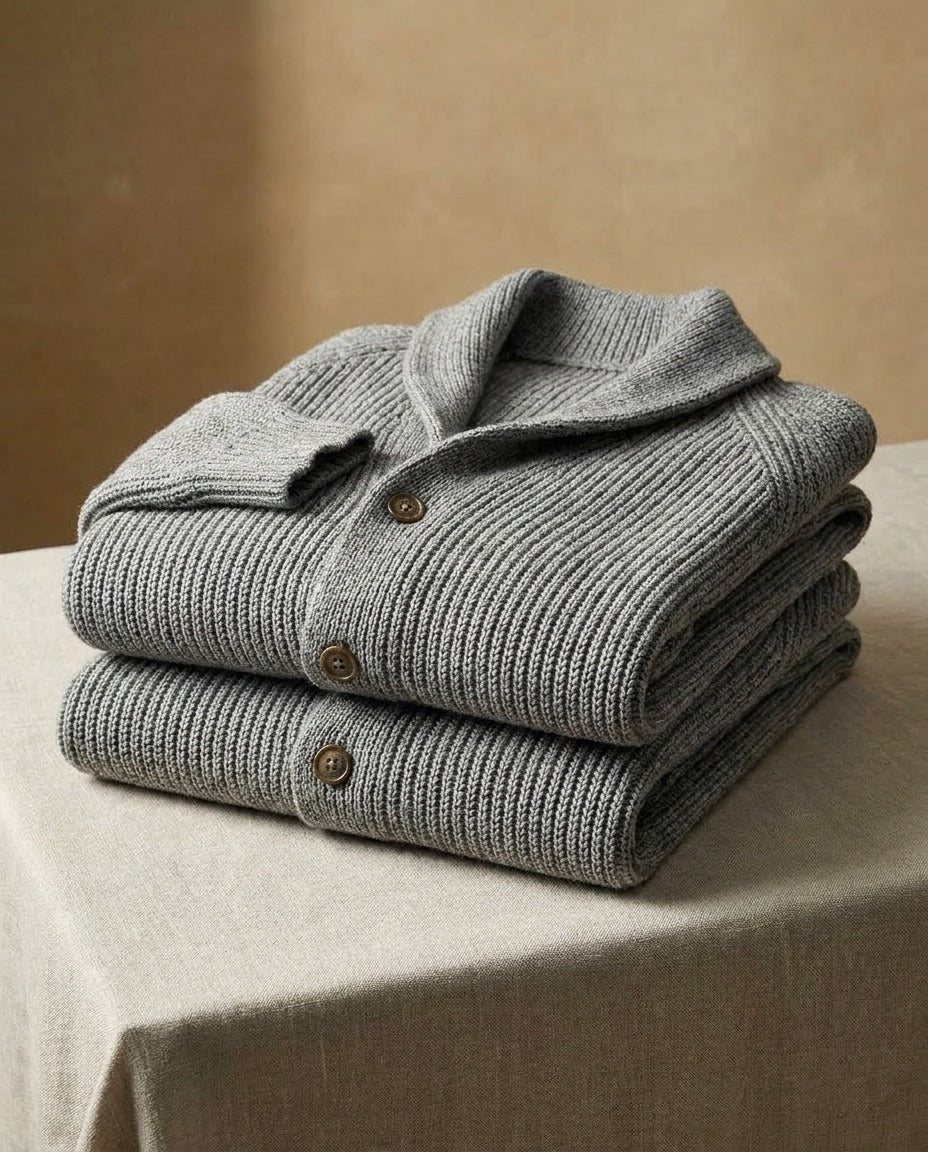 Kevin - Cardigan homme en maille côtelée à col châle et boutons