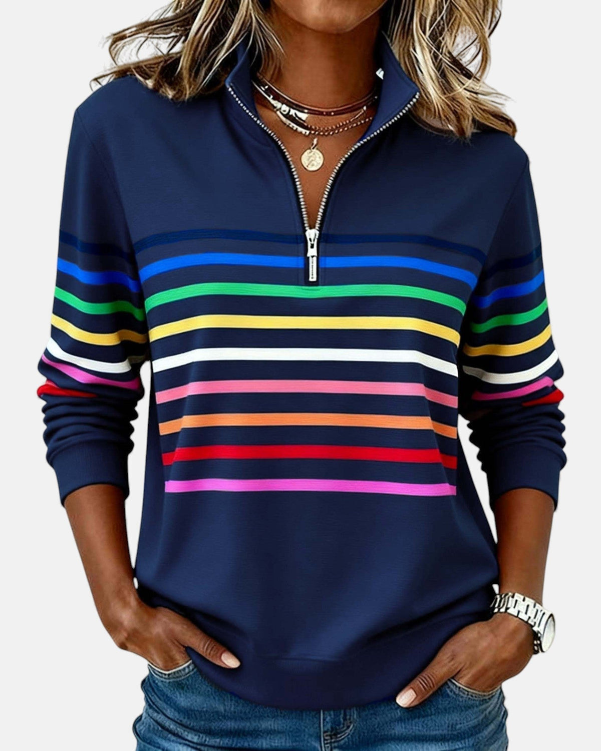Josette - Sweat-shirt femme rayé à demi-zip avec coupe ample