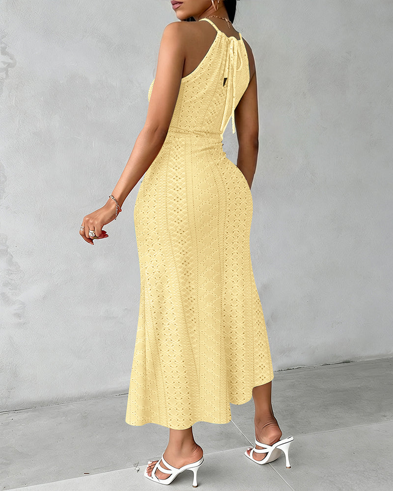Fynovia™ - Robe midi femme jacquard ajourée col halter élégante fendue